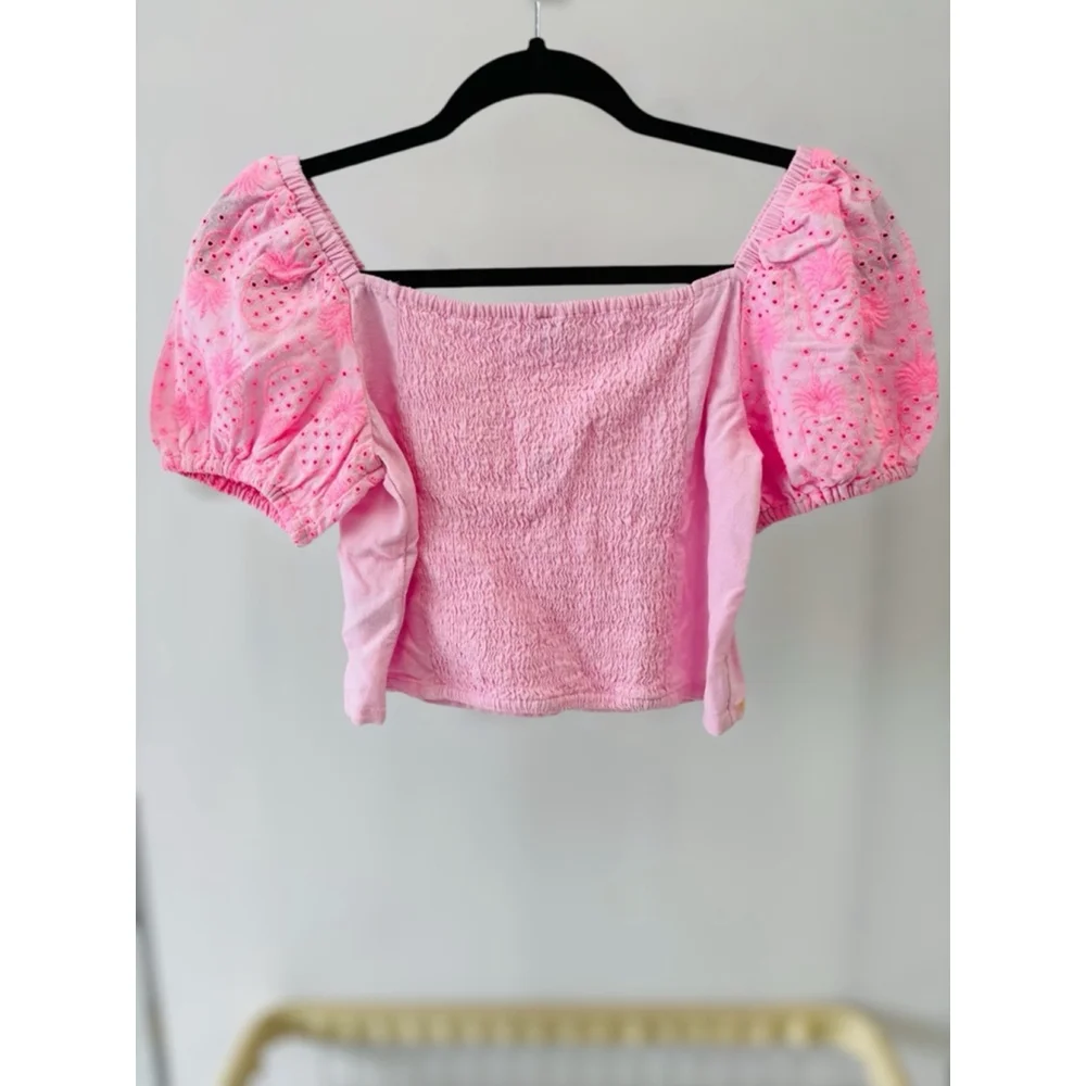 Old Navy Girls XL (14-16) Preppy Pink Puff Sleeved Top Smocked Pineapple Print